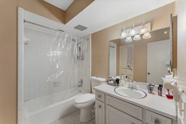 full bathroom featuring vanity, shower / bathtub combination with curtain, and toilet