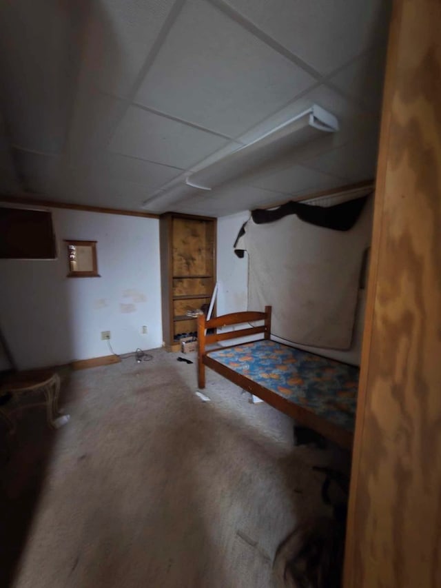 basement with a paneled ceiling and carpet floors