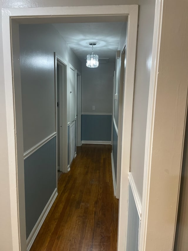 corridor with an inviting chandelier and dark hardwood / wood-style floors