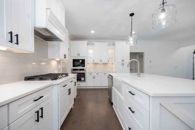 kitchen with dark wood-type flooring, white cabinets, stainless steel appliances, and custom range hood