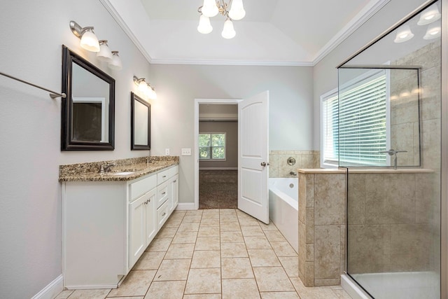 bathroom with vanity, crown molding, tile patterned flooring, independent shower and bath, and a chandelier