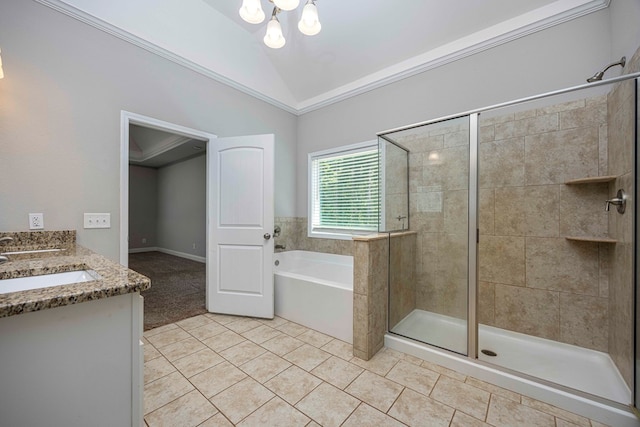 bathroom featuring ornamental molding, vanity, tile patterned flooring, shower with separate bathtub, and lofted ceiling