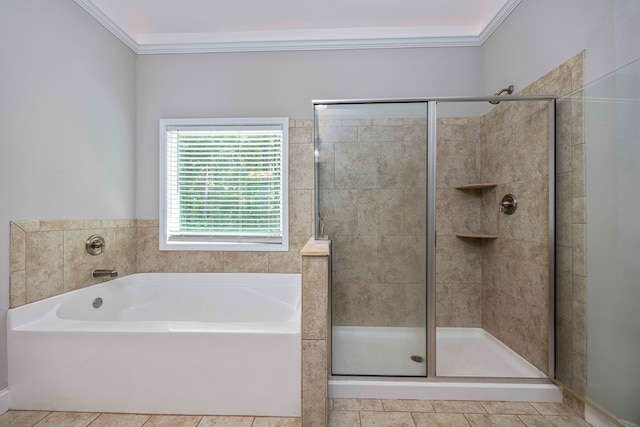 bathroom with tile patterned floors, crown molding, and plus walk in shower