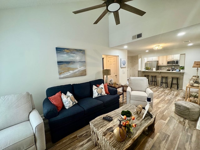 333 Eastside Dr Unit 4, Fortson, GA 31808 - living area featuring visible vents, a ceiling fan, recessed lighting, wood finished floors, and high vaulted ceiling