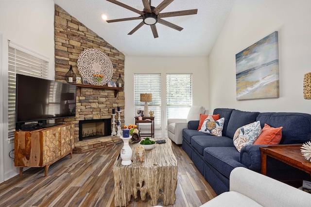 333 Eastside Dr Unit 4, Fortson, GA 31808 - living room featuring high vaulted ceiling, a fireplace, wood finished floors, and ceiling fan
