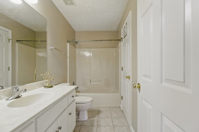 bathroom featuring tile patterned floors, visible vents, toilet, vanity, and shower / bathing tub combination