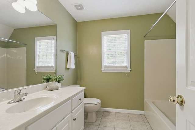 bathroom with tile patterned floors, vanity, baseboards, toilet, and visible vents