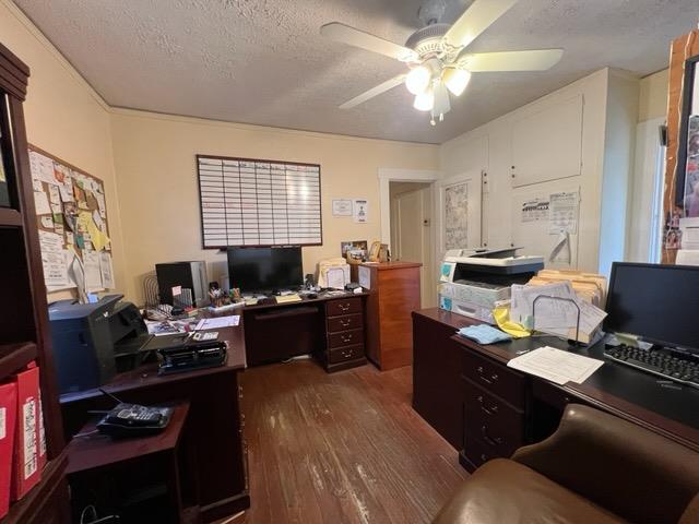 office space with dark hardwood / wood-style flooring, a textured ceiling, and ceiling fan