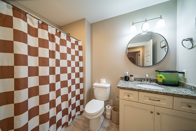 bathroom featuring hardwood / wood-style flooring, vanity, walk in shower, and toilet