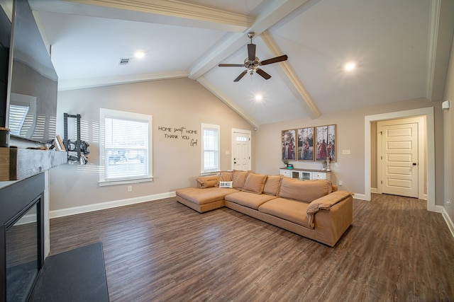 living room featuring lofted ceiling with beams, ceiling fan, and dark hardwood / wood-style flooring