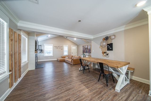 dining area with crown molding, lofted ceiling, and dark hardwood / wood-style floors