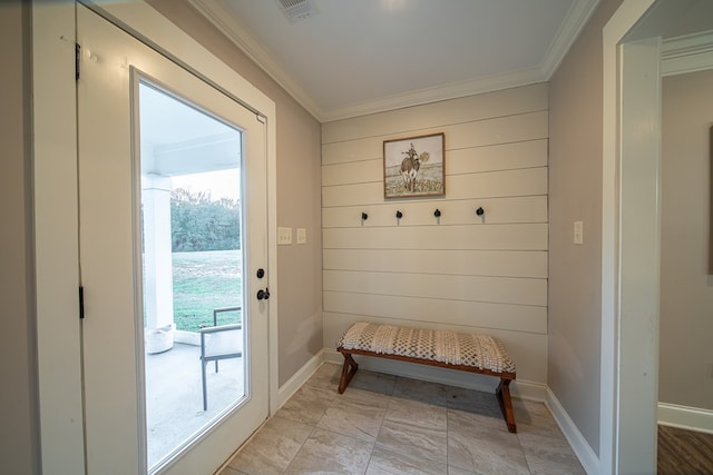 mudroom with ornamental molding and a wealth of natural light