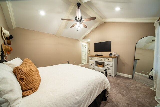 bedroom with lofted ceiling with beams, ornamental molding, light carpet, and ceiling fan