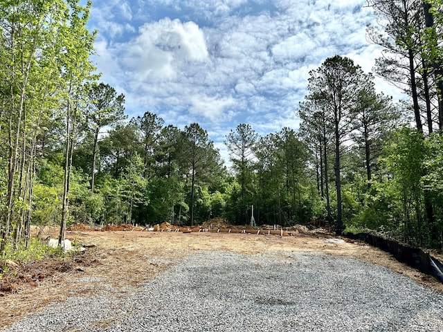 exterior space featuring a wooded view