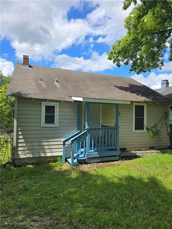 1009 11th St, Phenix City, AL 36867 - rear view of house with a porch, a yard, a chimney, and roof with shingles