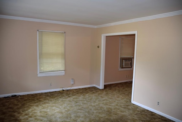 carpeted empty room featuring cooling unit and crown molding