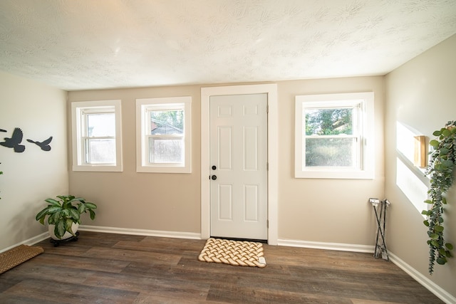 foyer featuring a textured ceiling and dark hardwood / wood-style floors