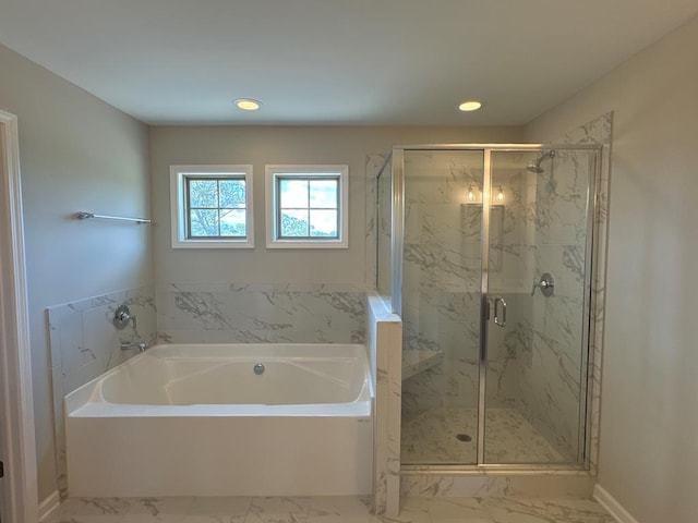 bathroom featuring plus walk in shower