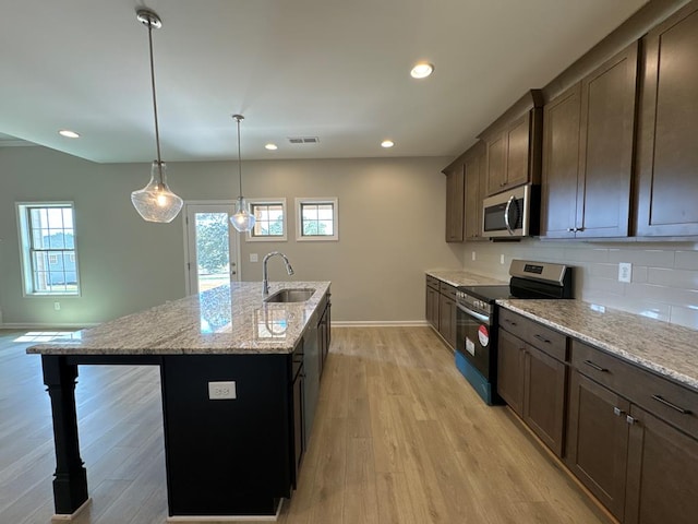 kitchen with plenty of natural light, sink, stainless steel appliances, and a kitchen island with sink