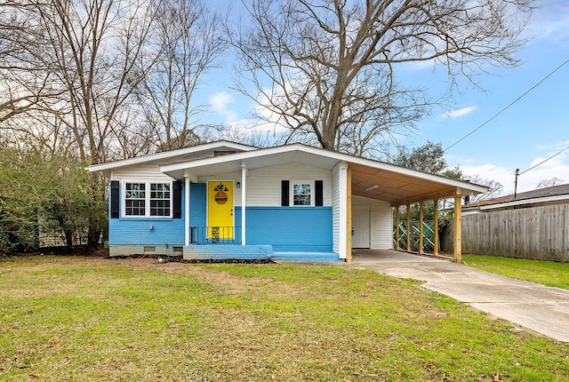 bungalow-style house featuring concrete driveway, crawl space, a front yard, and fence