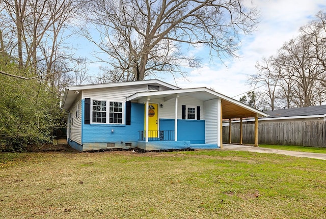 bungalow-style house featuring driveway, crawl space, fence, a porch, and a front lawn