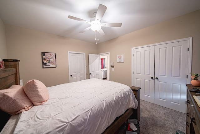 bedroom with carpet, a closet, and ceiling fan