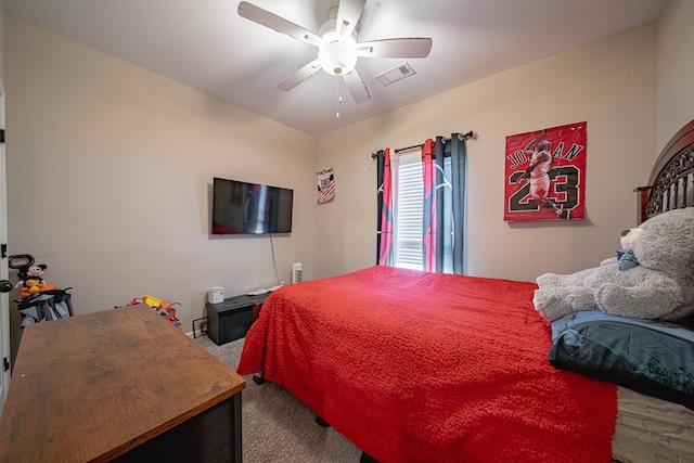 bedroom featuring ceiling fan, carpet floors, and visible vents