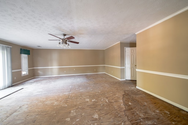 empty room with a textured ceiling, ceiling fan, and ornamental molding