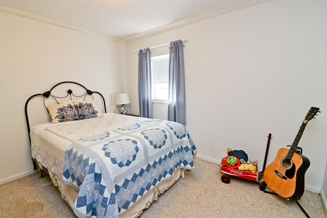 carpeted bedroom featuring ornamental molding