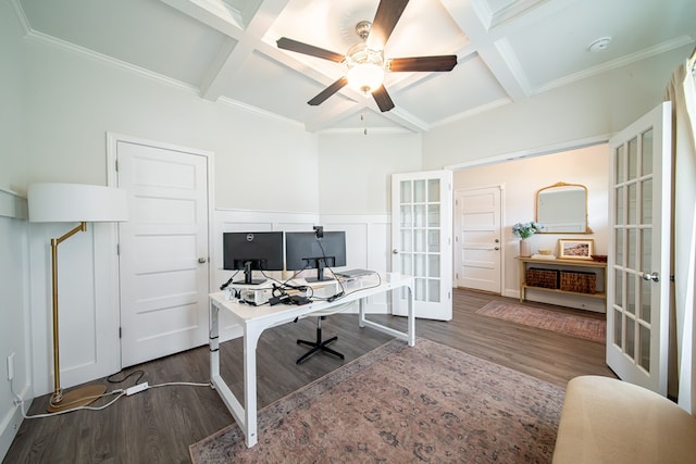 8008 Barton Dr, Midland, GA 31820 - office with french doors, coffered ceiling, wood finished floors, a ceiling fan, and beam ceiling