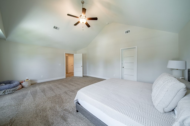 8008 Barton Dr, Midland, GA 31820 - carpeted bedroom with high vaulted ceiling and ceiling fan