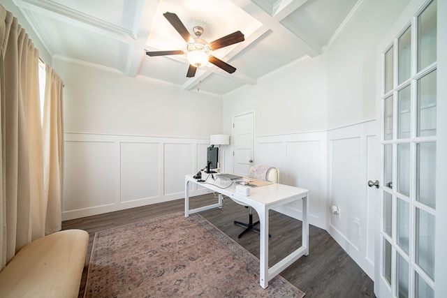 8008 Barton Dr, Midland, GA 31820 - office area featuring coffered ceiling, a decorative wall, dark wood finished floors, beam ceiling, and a wainscoted wall