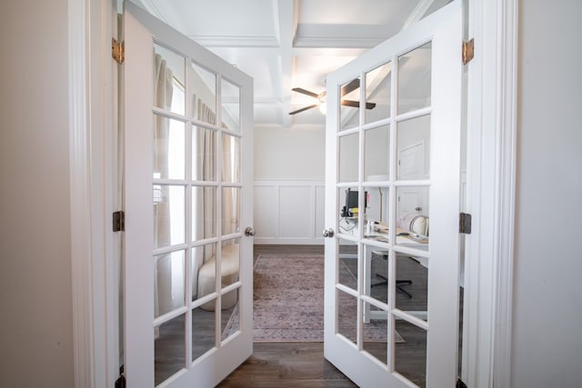 8008 Barton Dr, Midland, GA 31820 - interior space featuring coffered ceiling, a desk, dark wood-style flooring, a decorative wall, and beam ceiling