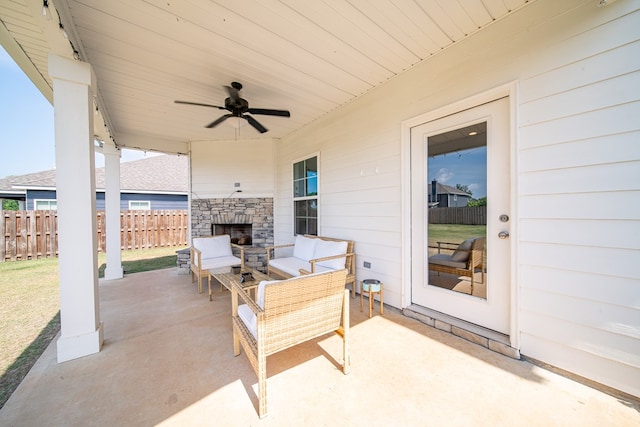 8008 Barton Dr, Midland, GA 31820 - view of patio / terrace featuring a ceiling fan and an outdoor living space with a fireplace