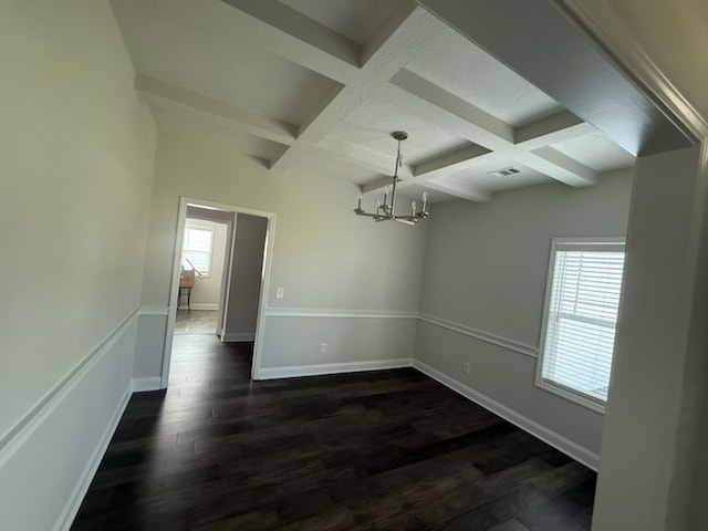 7300 Pine Chase Dr, Midland, GA 31820 - empty room with coffered ceiling, a chandelier, dark wood finished floors, and beam ceiling