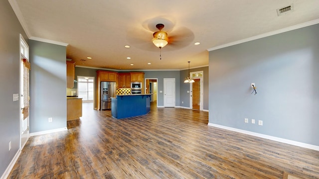 4756 Timarron Loop, Columbus, GA 31909 - kitchen featuring stainless steel fridge with ice dispenser, ceiling fan, open floor plan, dark wood-type flooring, and recessed lighting