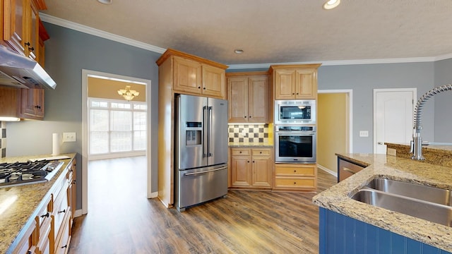 4756 Timarron Loop, Columbus, GA 31909 - kitchen featuring stainless steel appliances, dark wood-style floors, tasteful backsplash, crown molding, and light stone counters