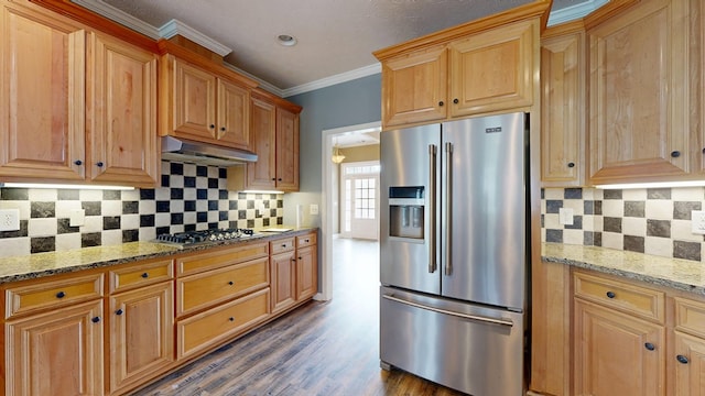 4756 Timarron Loop, Columbus, GA 31909 - kitchen featuring stainless steel appliances, under cabinet range hood, light stone countertops, backsplash, and dark wood-type flooring