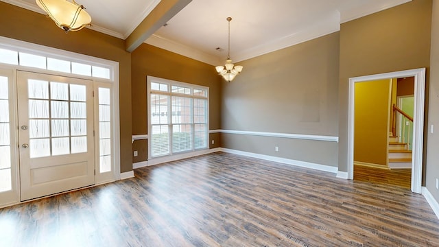 4756 Timarron Loop, Columbus, GA 31909 - entryway with a chandelier, crown molding, dark wood-type flooring, and stairway