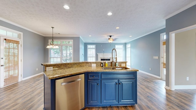 4756 Timarron Loop, Columbus, GA 31909 - kitchen featuring stainless steel dishwasher, blue cabinetry, an island with sink, dark wood-type flooring, and pendant lighting