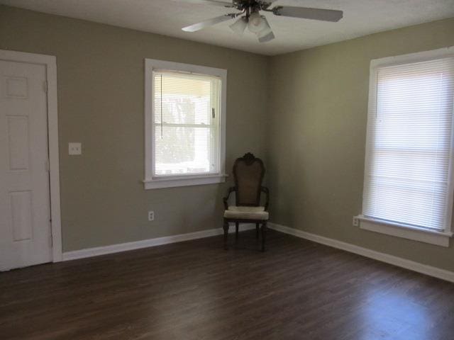 unfurnished room featuring ceiling fan and dark hardwood / wood-style flooring