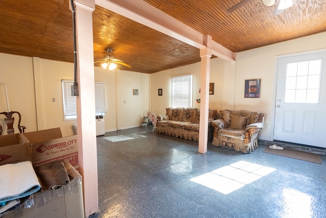 living area featuring wooden ceiling, ceiling fan, baseboards, and speckled floor