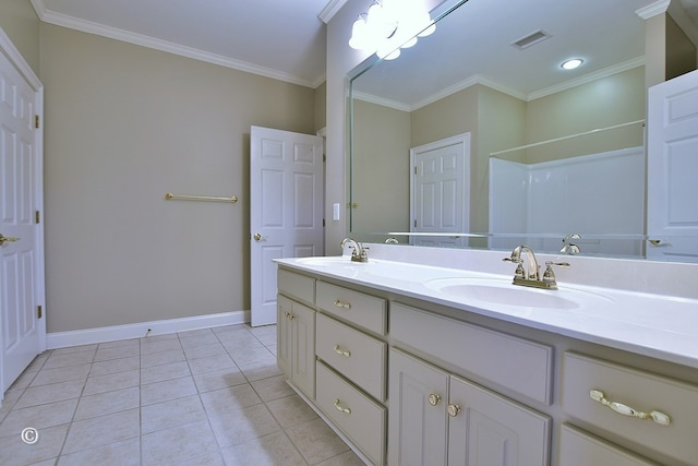 4701 Turnberry Ln Unit 6, Columbus, GA 31909 - bathroom with crown molding, tile patterned flooring, vanity, and walk in shower