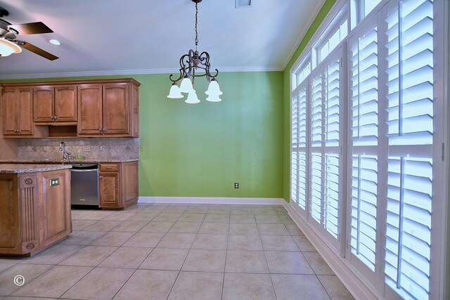 4701 Turnberry Ln Unit 6, Columbus, GA 31909 - kitchen with ornamental molding, stainless steel dishwasher, tasteful backsplash, and decorative light fixtures