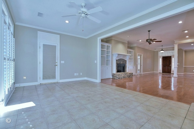 4701 Turnberry Ln Unit 6, Columbus, GA 31909 - unfurnished living room with ceiling fan, ornamental molding, a stone fireplace, and decorative columns