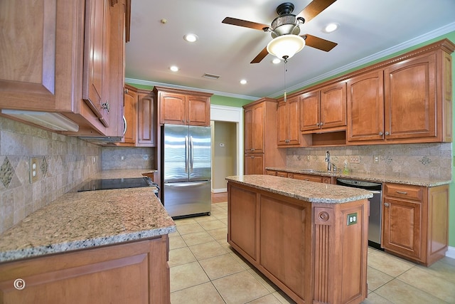 4701 Turnberry Ln Unit 6, Columbus, GA 31909 - kitchen with light tile patterned floors, stainless steel appliances, crown molding, and a center island