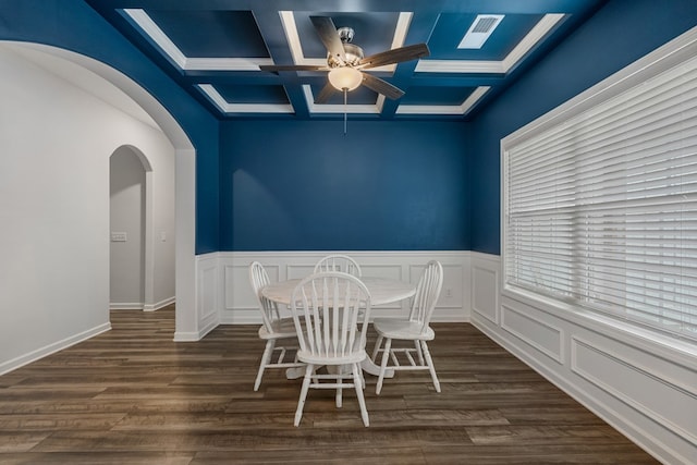 unfurnished dining area featuring beamed ceiling, ceiling fan, dark wood-type flooring, and coffered ceiling