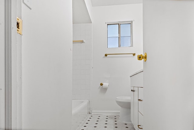 full bath featuring toilet, tile patterned flooring, and baseboards