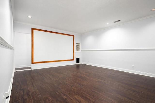 interior space with dark hardwood / wood-style floors and ornamental molding