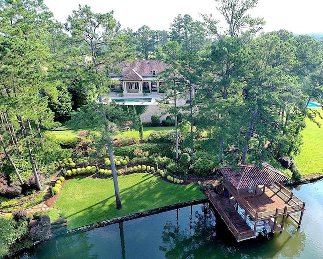 drone / aerial view featuring a water view